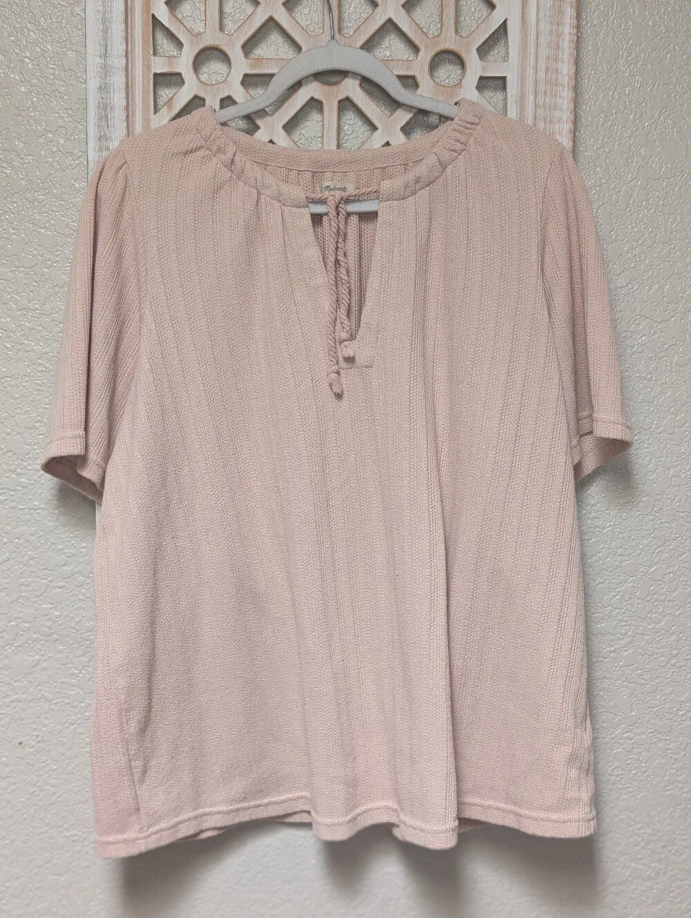 Madewell Women's 1X top tie neck cotton blend beige neutral stretch boho peasant